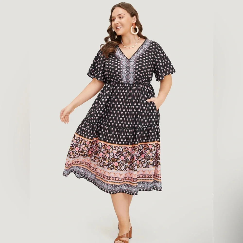 Size 14 - 16 1x Bloomchic Boho Print Contrast Gathered Pocket Ruffles Dress